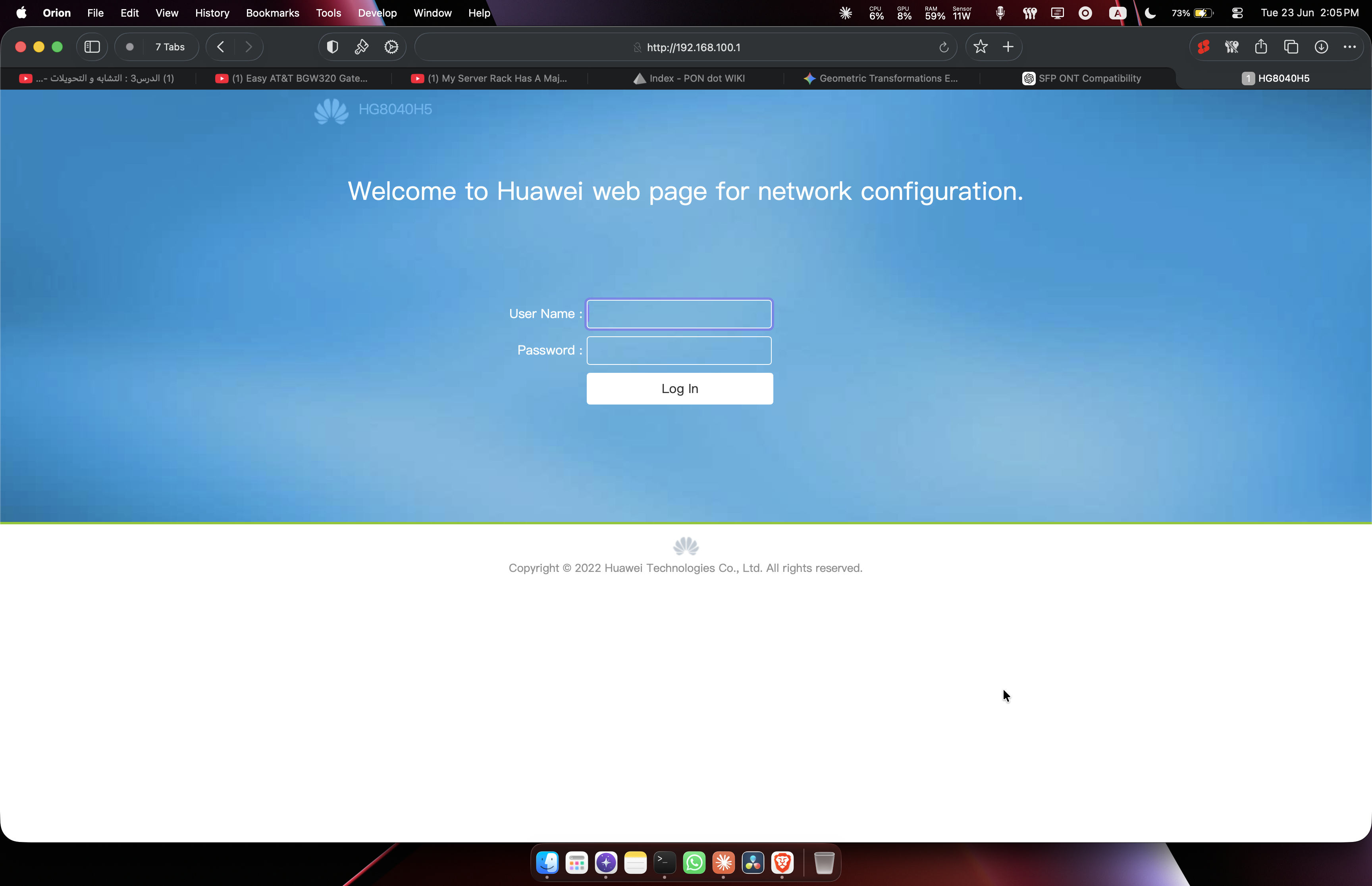 The ONT's login page