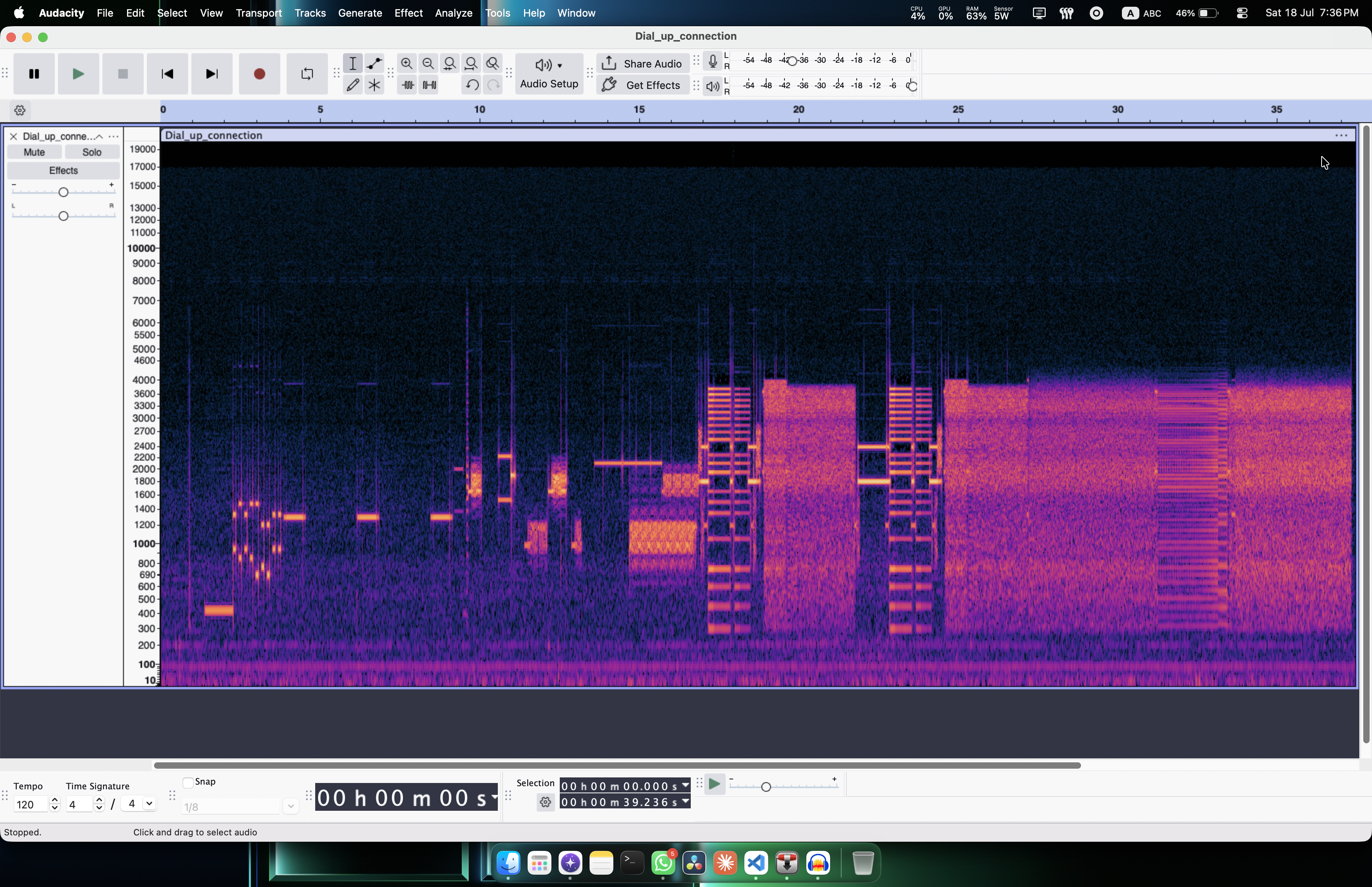 Spectrogram view of a dial-up connection sound recording.