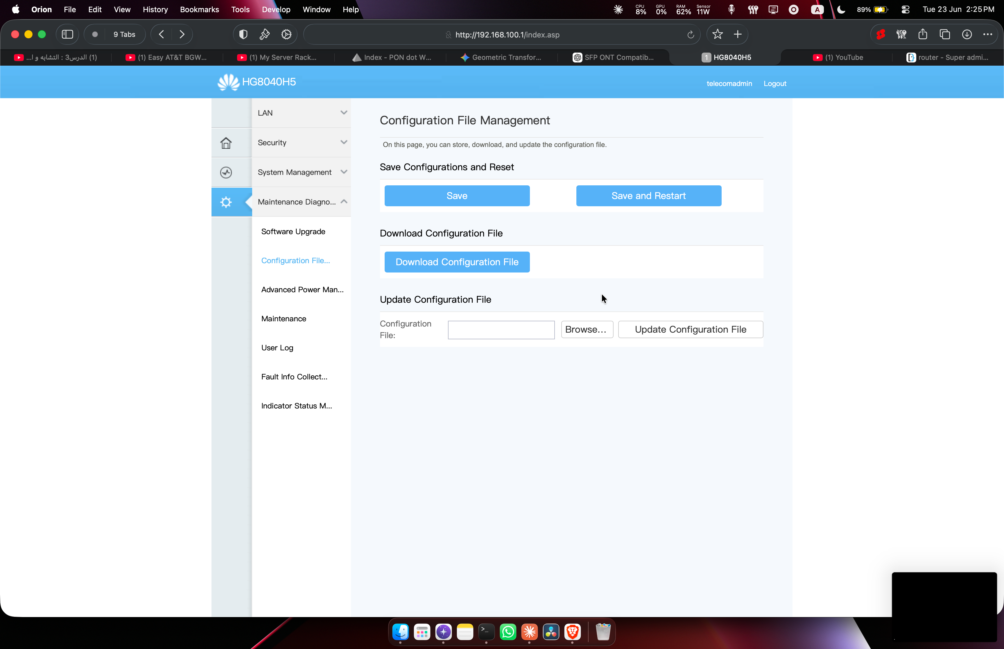 The ONT config page with every option unlocked