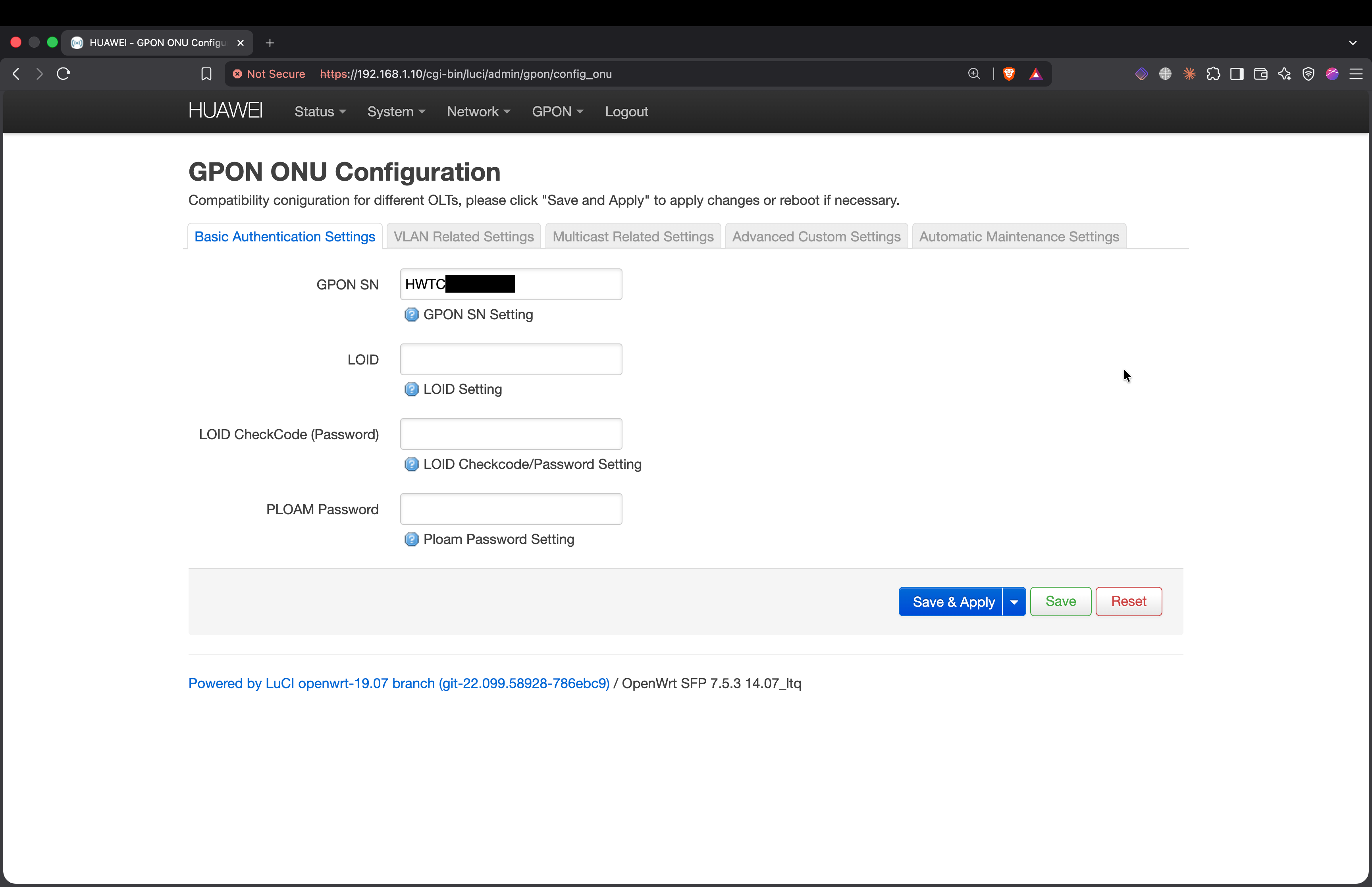 The stick's GPON configuration page with the cloned identity