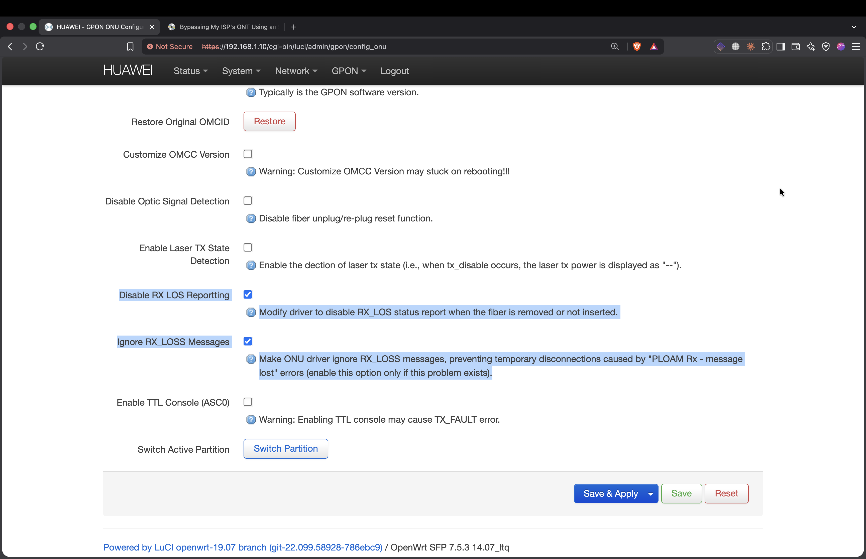 The stick setting to disable RX loss-of-signal reporting
