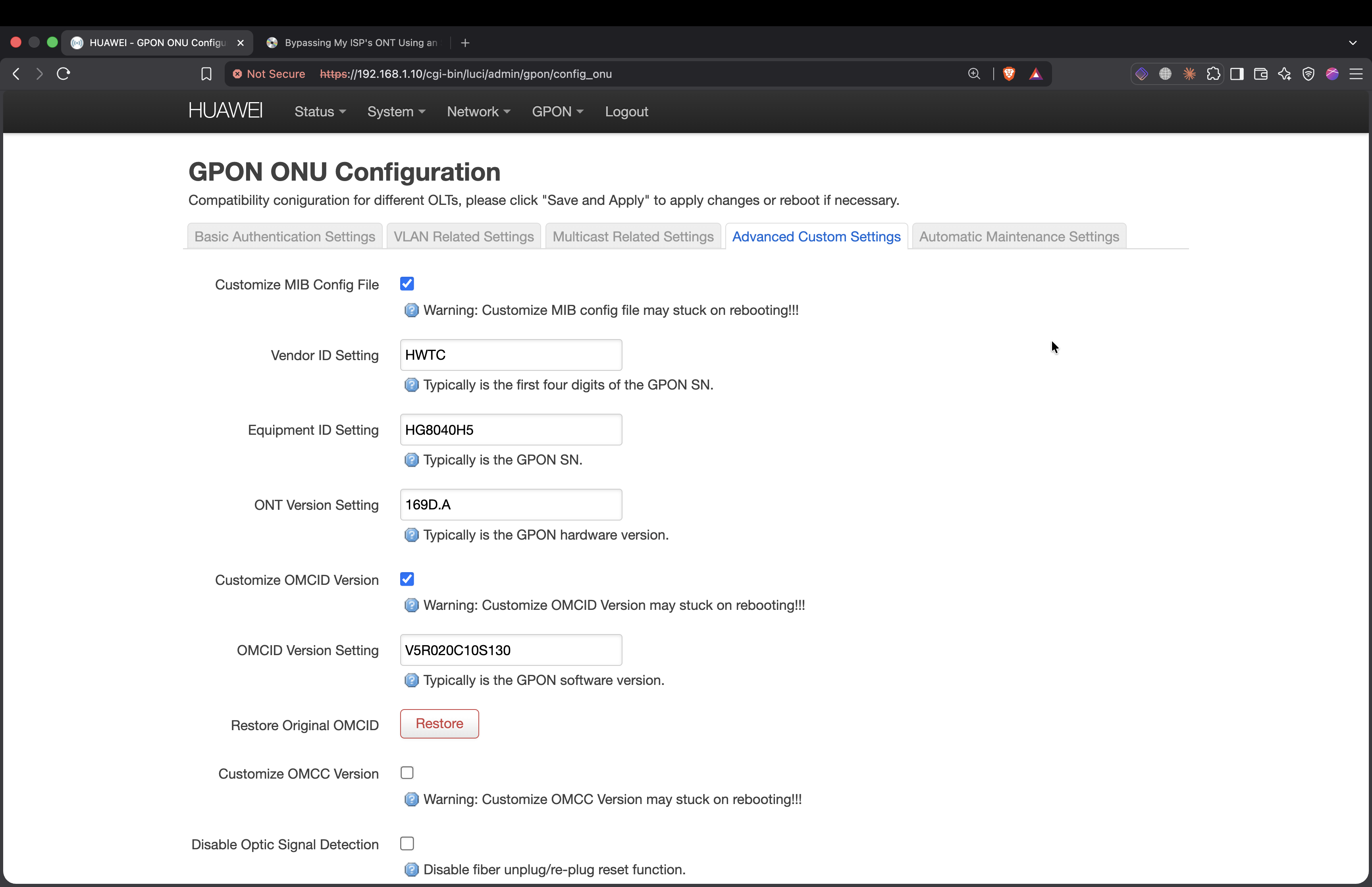 The stick's GPON page with the vendor, equipment ID and version fields set