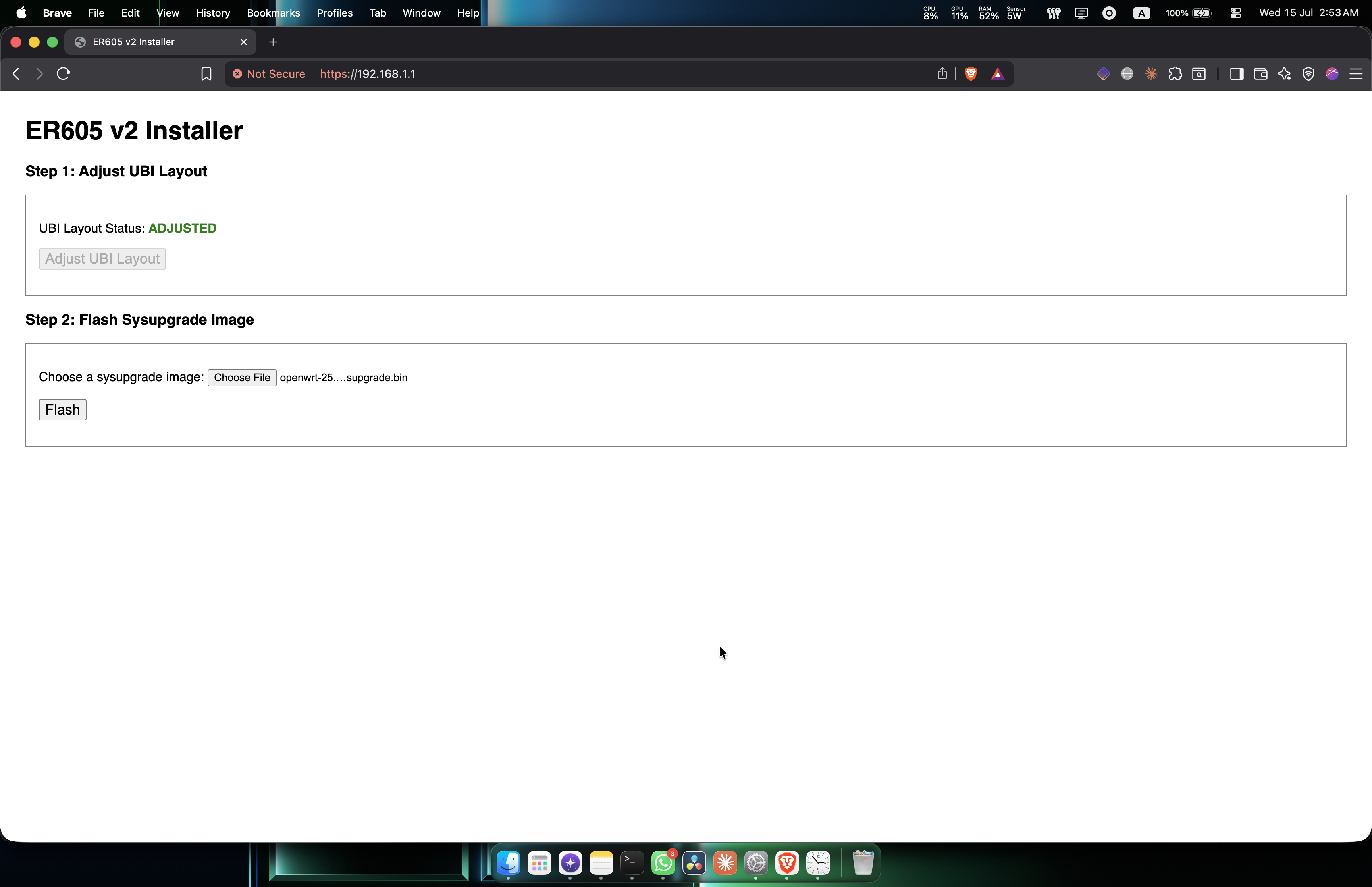 ER605 v2 Installer page with UBI Layout Status showing ADJUSTED in green and a sysupgrade image selected, ready to flash.