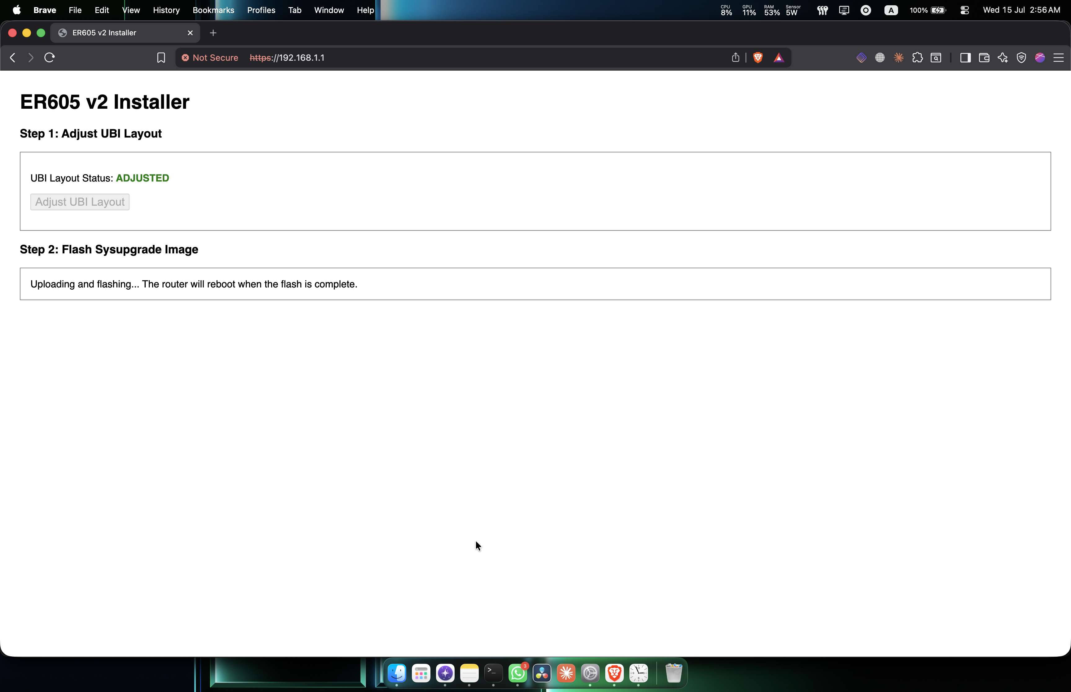 ER605 v2 Installer page showing: Uploading and flashing... The router will reboot when the flash is complete.