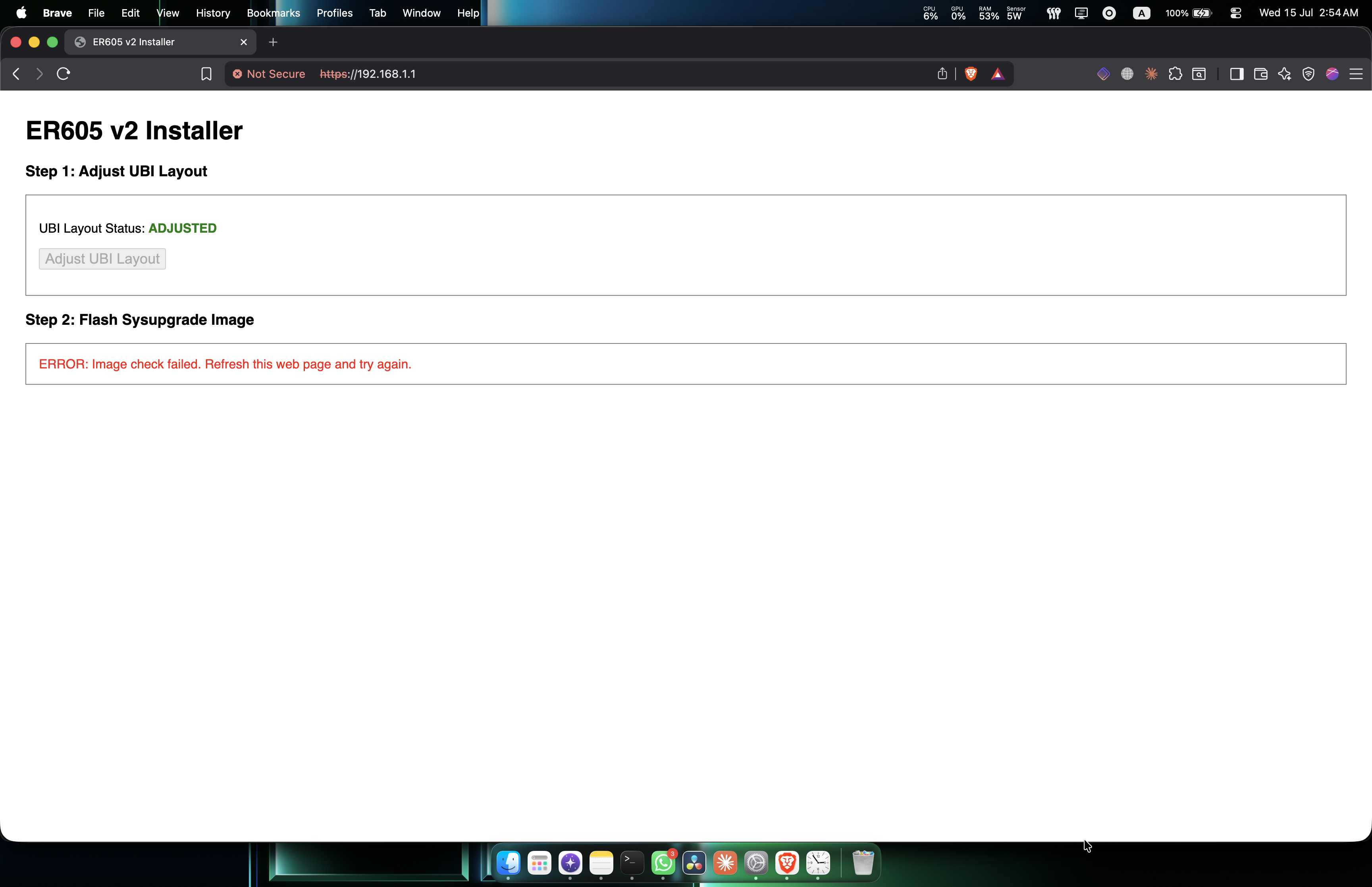 ER605 v2 Installer page showing the error: Image check failed. Refresh this web page and try again.