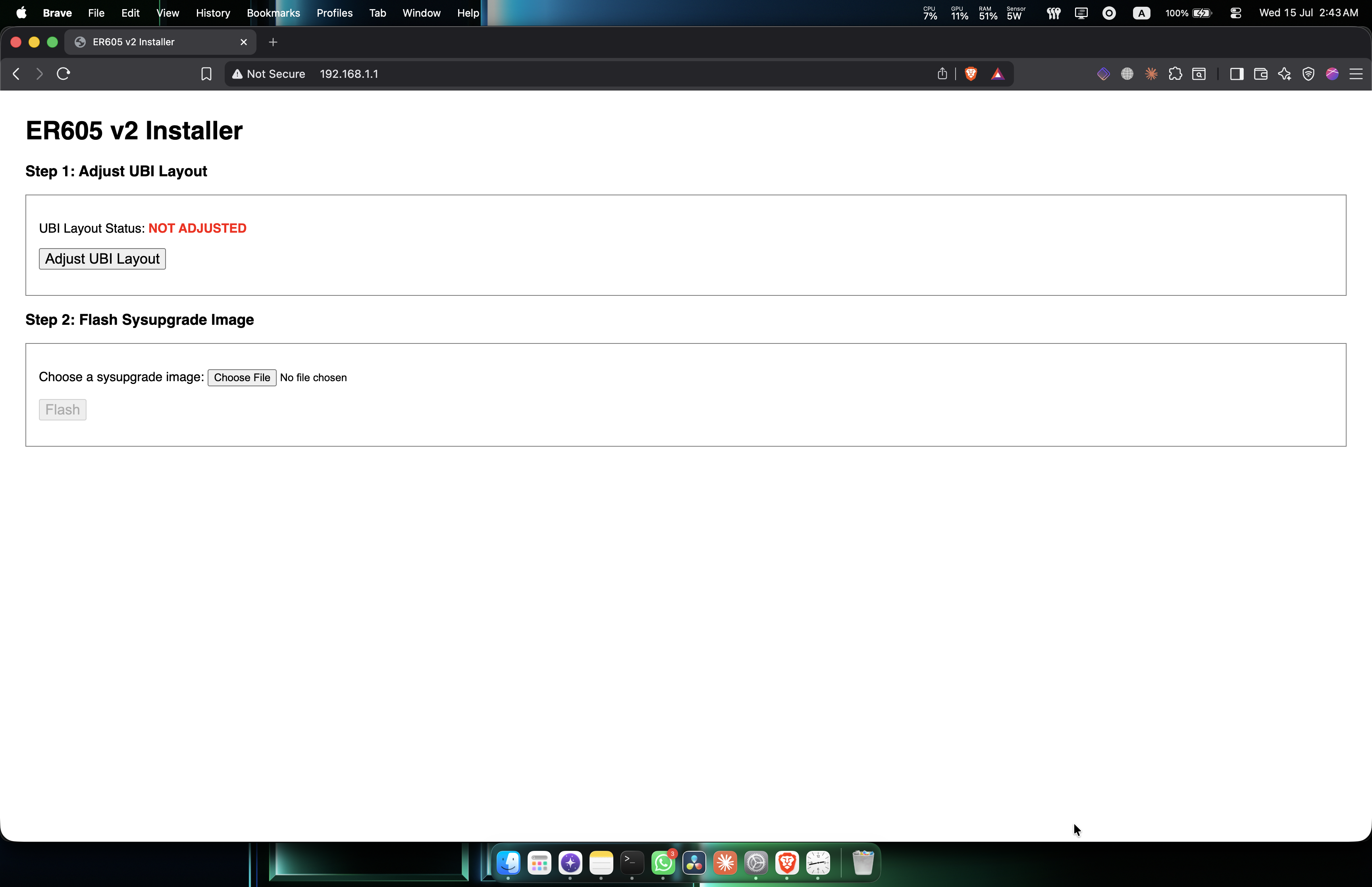 ER605 v2 Installer web page. Step 1 Adjust UBI Layout shows status NOT ADJUSTED. Step 2 is flashing a sysupgrade image.