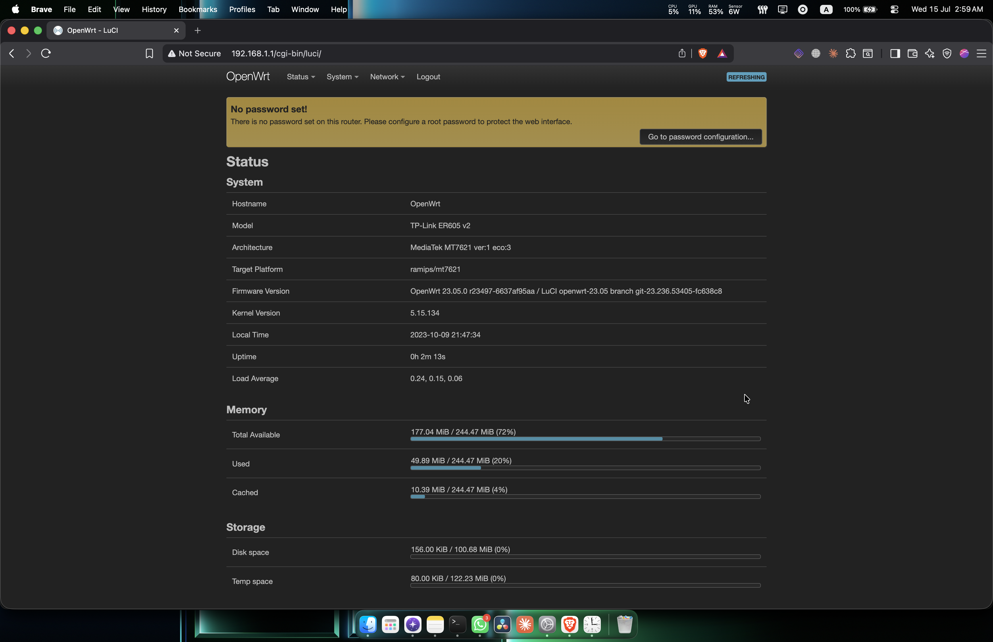 OpenWrt LuCI status page. Model TP-Link ER605 v2, firmware OpenWrt 23.05.0, kernel 5.15.134.