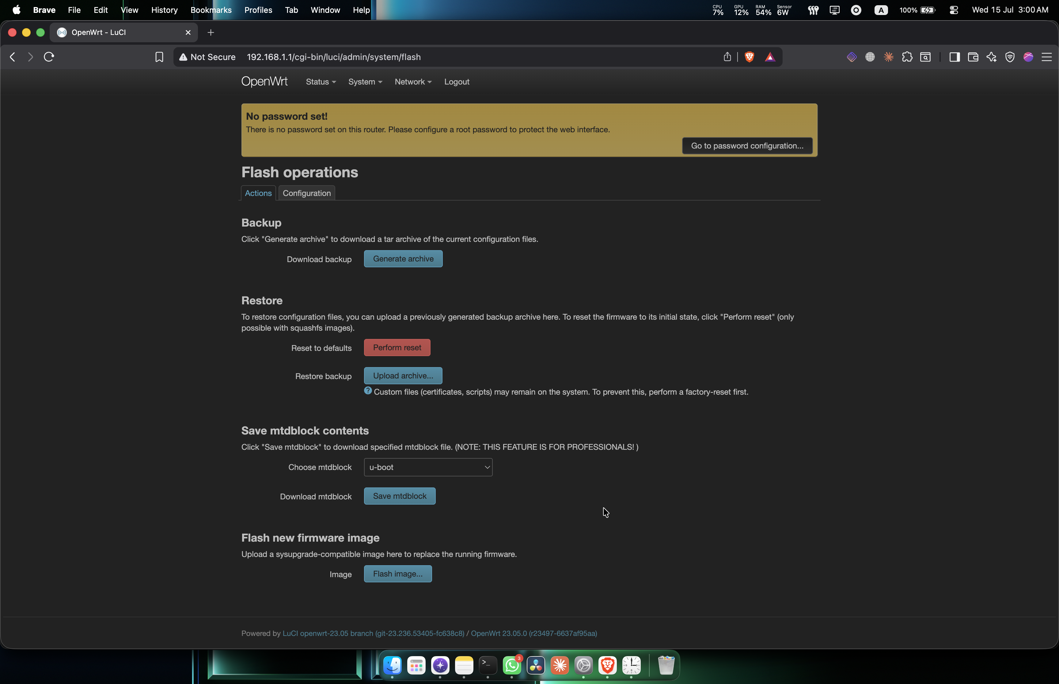 OpenWrt LuCI Flash operations page showing Backup, Restore, Save mtdblock, and Flash new firmware image sections.