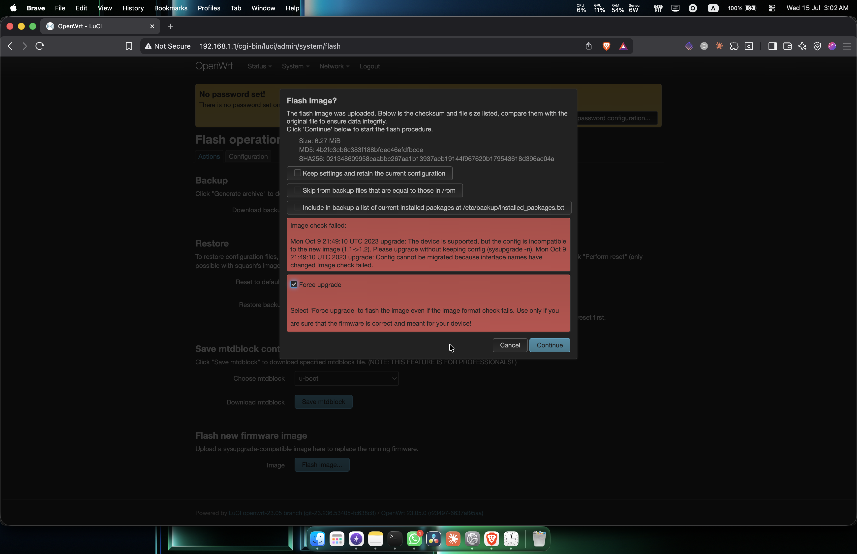 OpenWrt LuCI Flash image dialog with Force upgrade checked after an image check failed message about incompatible config.