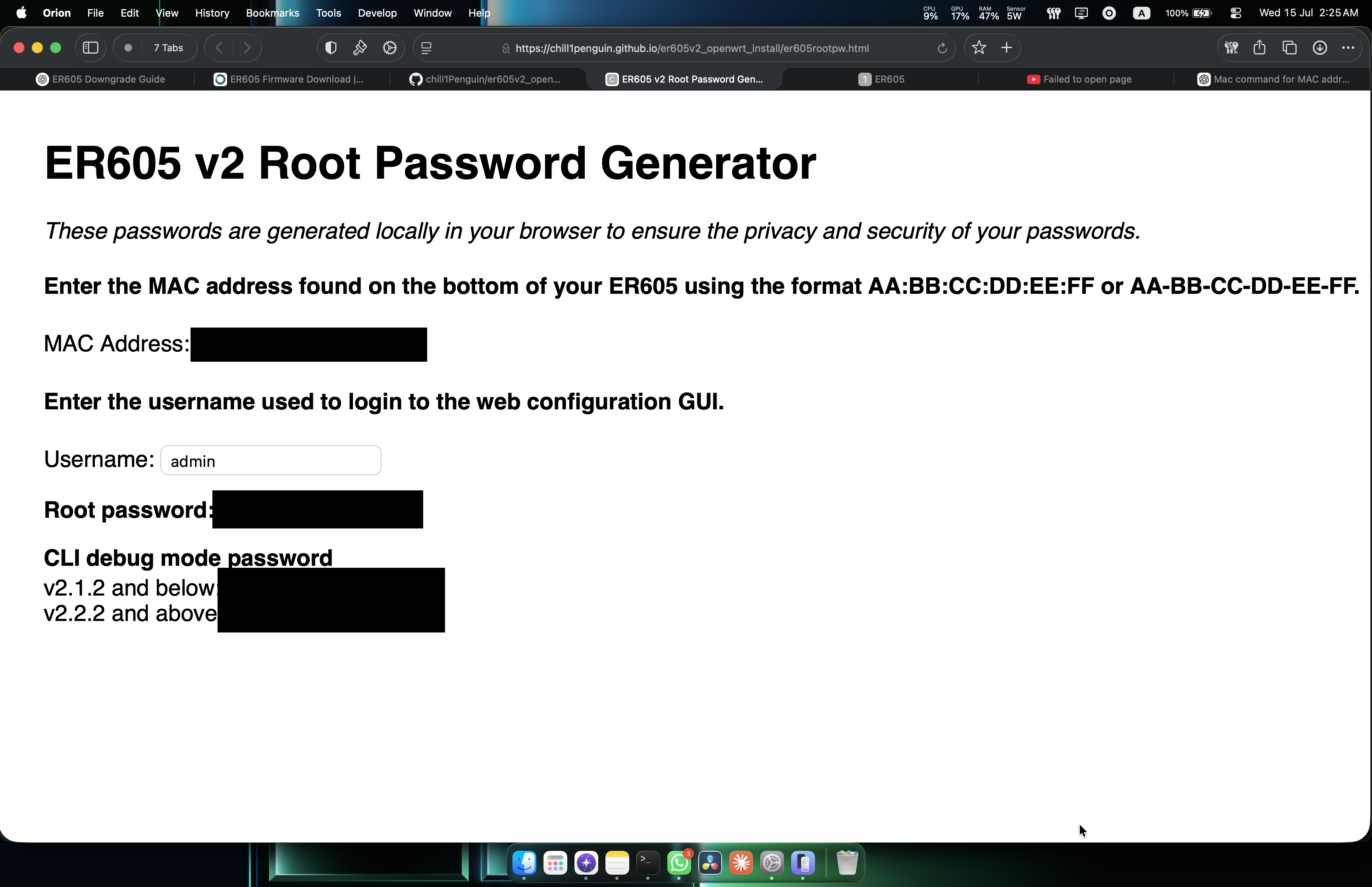ER605 v2 Root Password Generator web page showing the MAC address field, username field, and the generated root and CLI debug mode passwords.